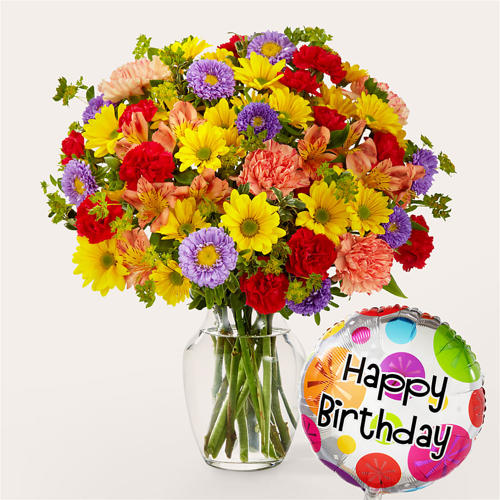 Kaleidoscope Bouquet with Birthday Balloon – Bloom Balloon Llc, Newark DE